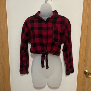 Forever 21 Flannel Red and Black Cropped Shirt (Small)